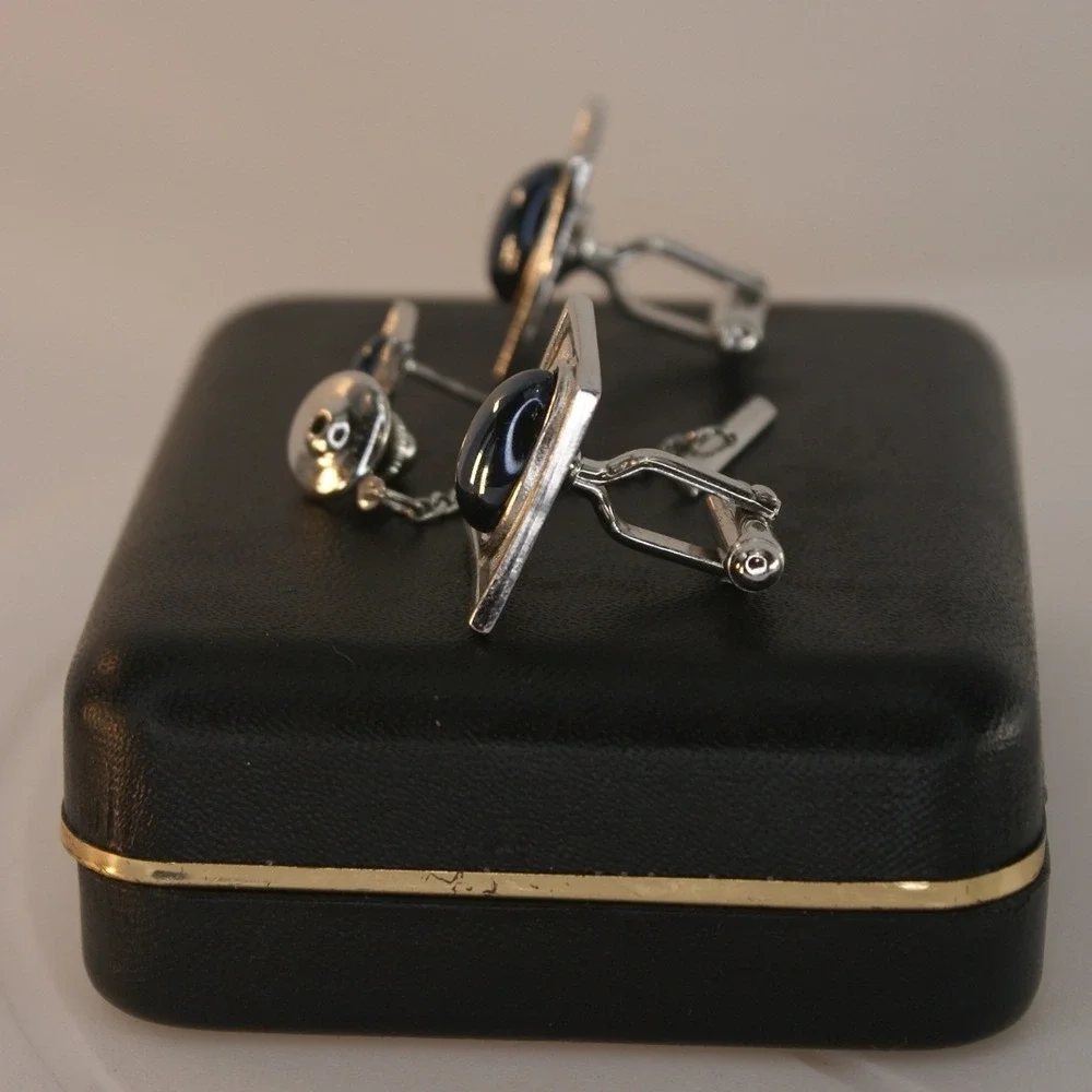 Vintage Sears Collectors Choice Mens Cufflinks & Tie Tac Silver Tone Black Stone